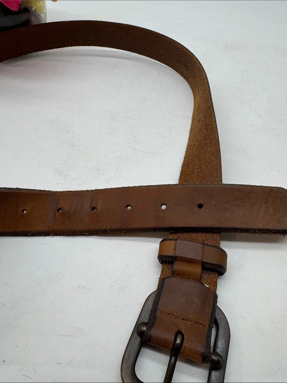 Classic Brown Leather Mens Belt with Matte Gunmetal Buckle Size 42